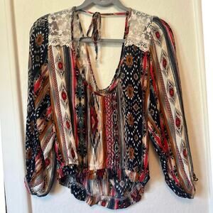 Gimmicks Boho Lace Peasant Blouse Small Southwestern Print Hippie Top